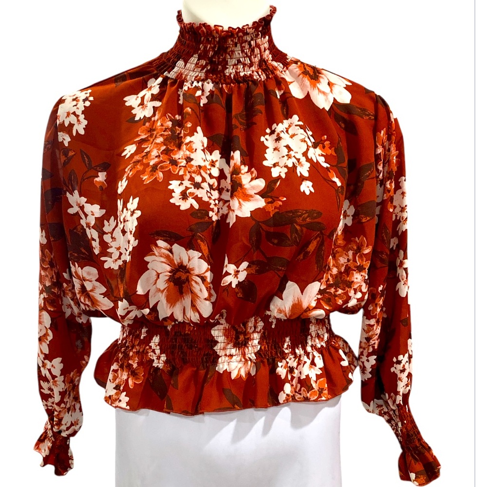 29) Floral Rust Blouse Size XL